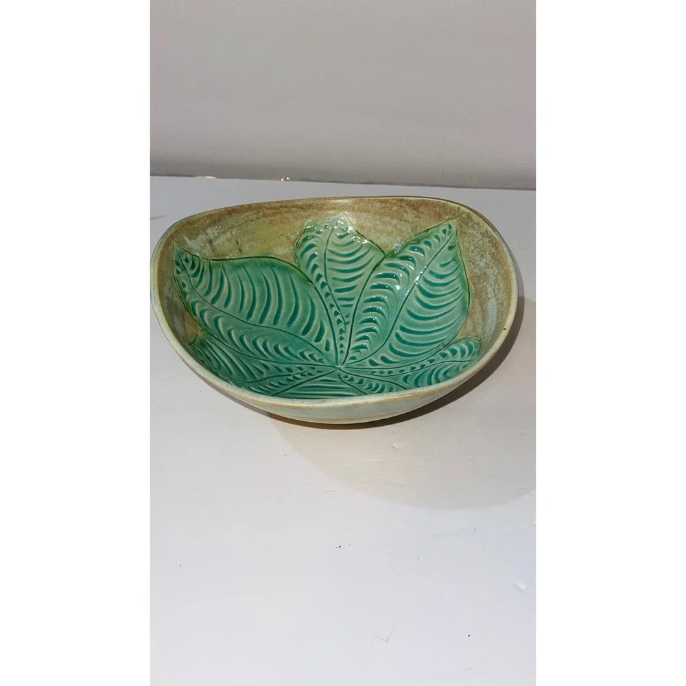 Wendy Wrenn Studio Pottery Leaf Embossed Serving Bowl 9in Teal Green Ceramic
